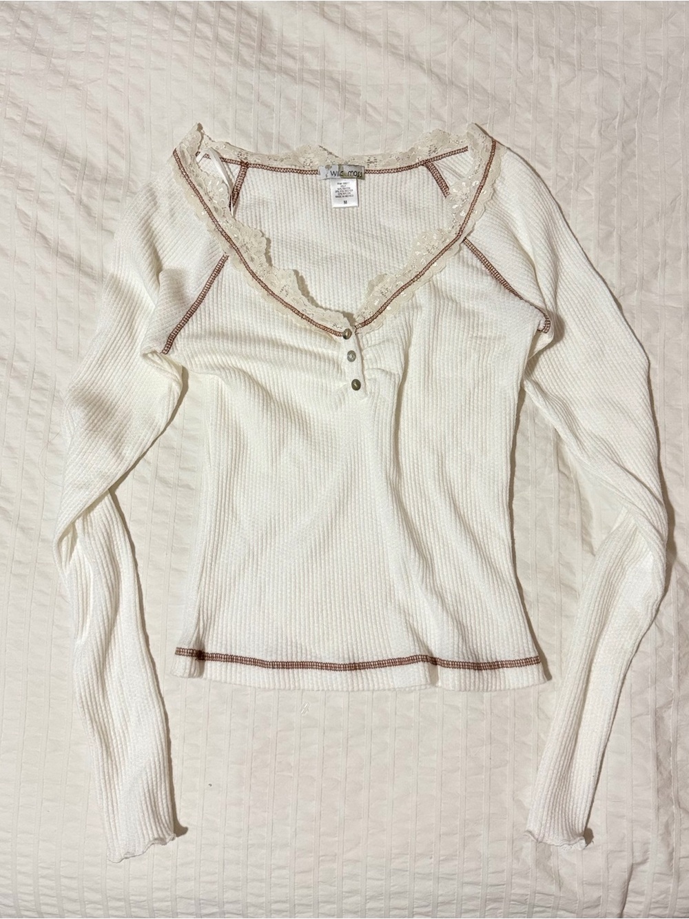 White Lace-Trim Ribbed Henley Top